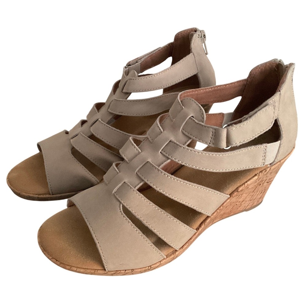 Rockport Briah Gladiator Cork Wedge Sandals Taupe Leather Women 7.5 BX1784